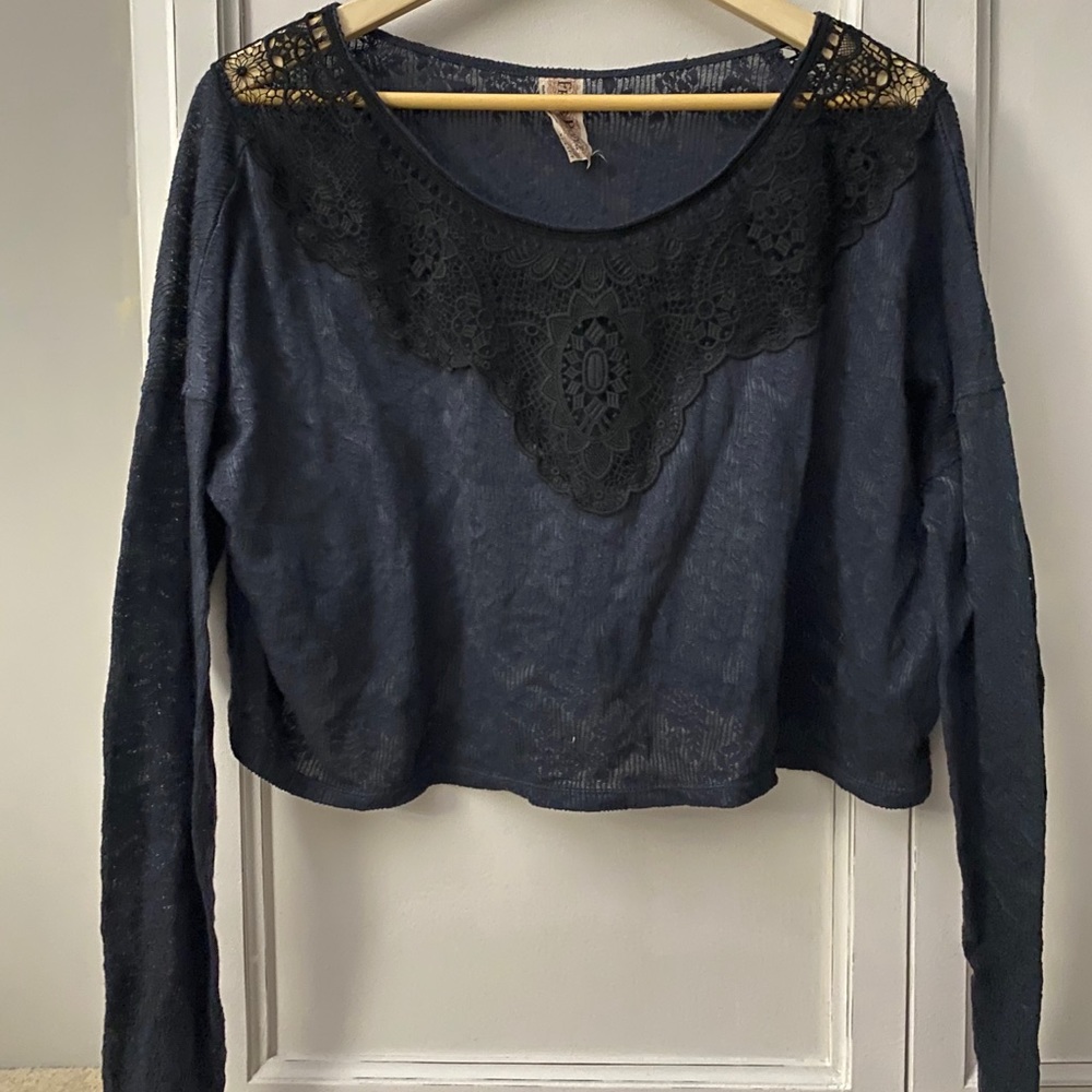 Long sleeve navy blue lace top